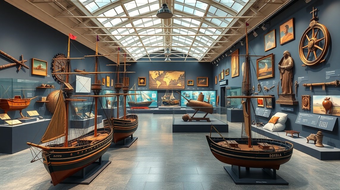 Douala Tengerészeti Múzeum kiállítása hajómodellekkel és relikviákkal