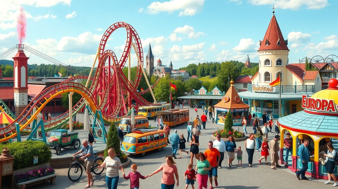 Europa-Park Rust vidámpark látványosságai és látogatói.