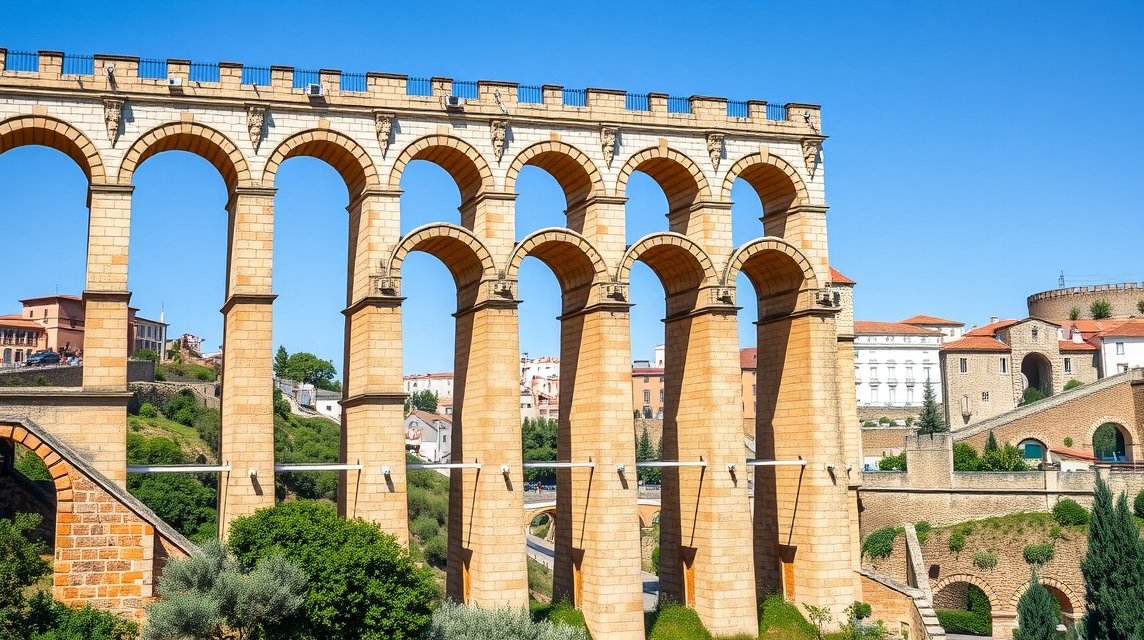 Évora híres Água de Prata vízvezetékének kőívei kék ég alatt.