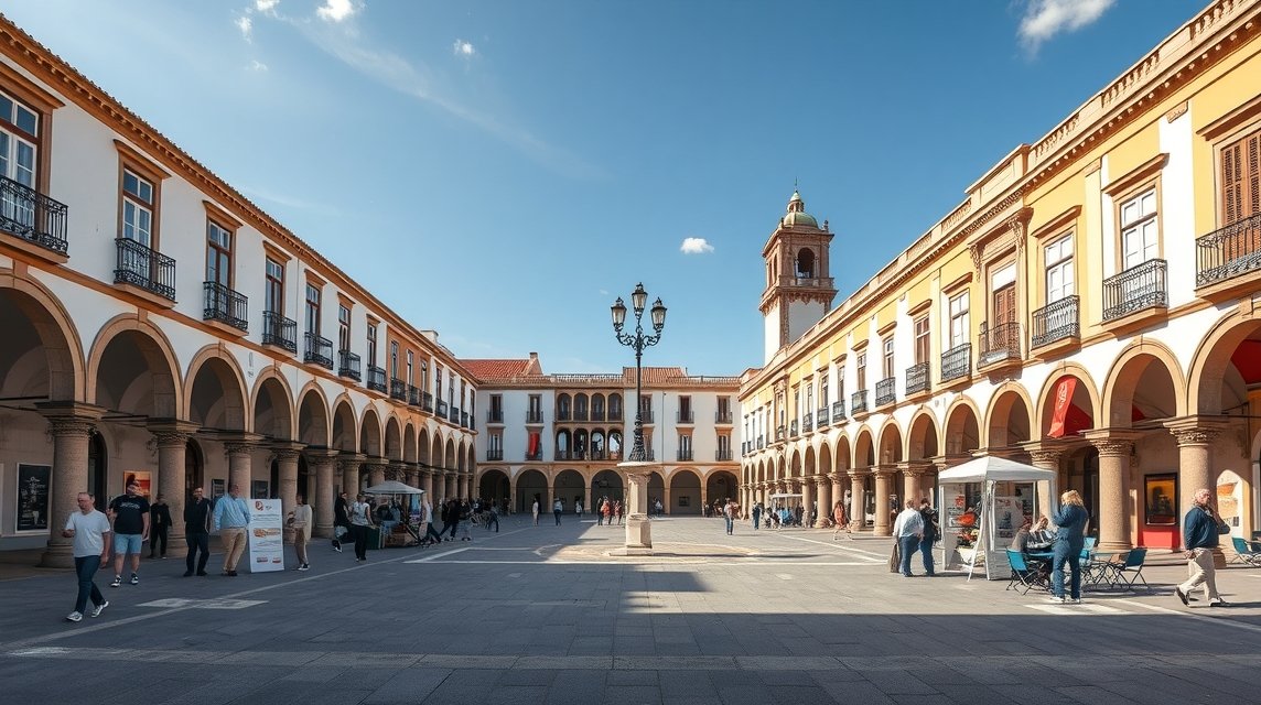 Giraldo tér árkádjai Évorában, Portugáliában, látogatók a téren