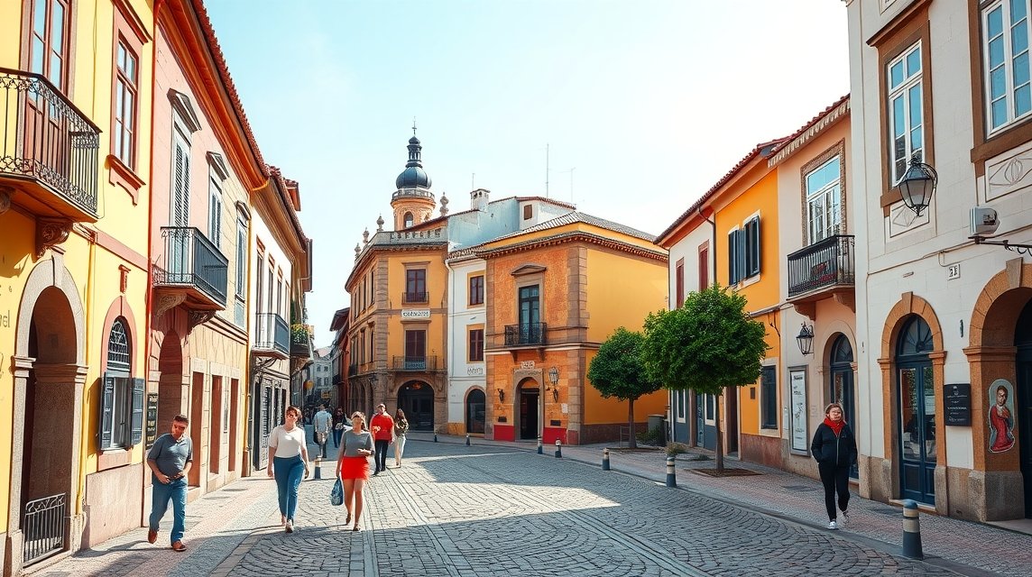 Évora városkép, macskaköves utcák és színes épületek
