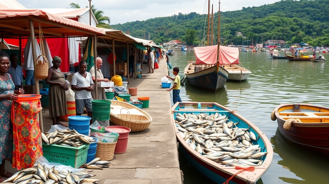 Idenau kikötője friss füstölt halakkal és helyi piacokkal Limbében