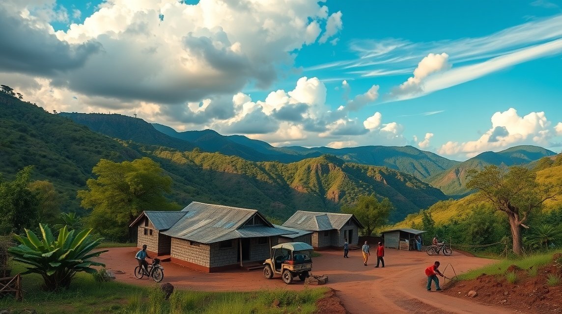 Panoráma a Kambele bányászfalu tájáról, zöld dombokkal és hegyekkel.