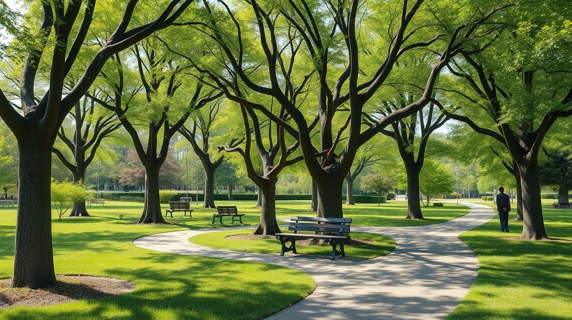 Kildeparken fákkal és sétautakkal Aalborgban