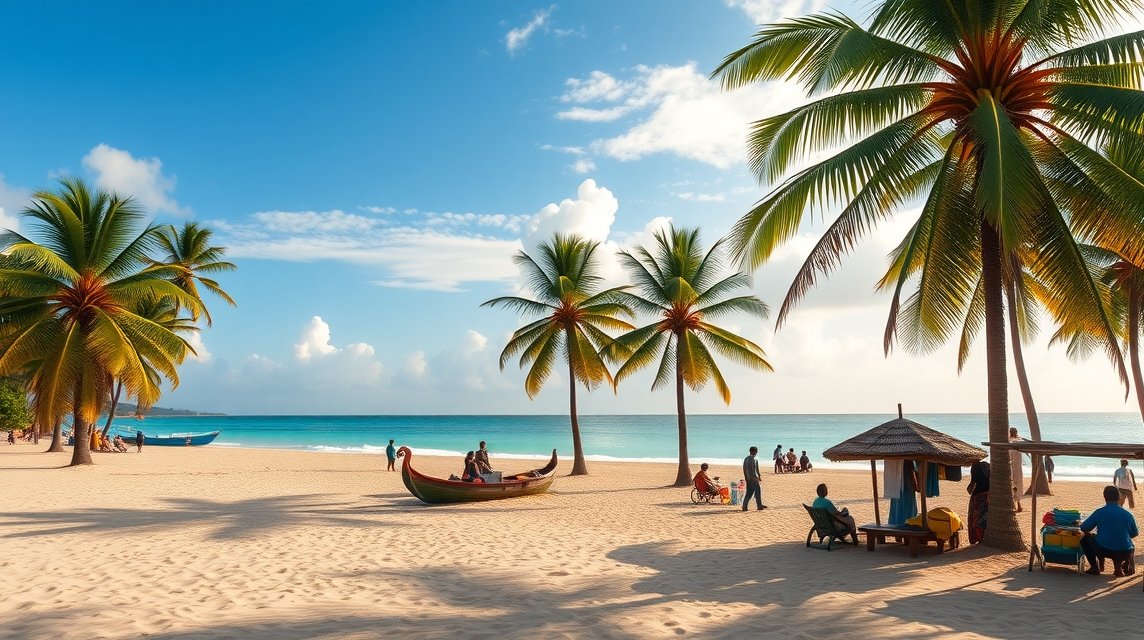 Kribi tengerparti táj a Kamerun Riviéráján, pálmafákkal és nyugodt vízzel.