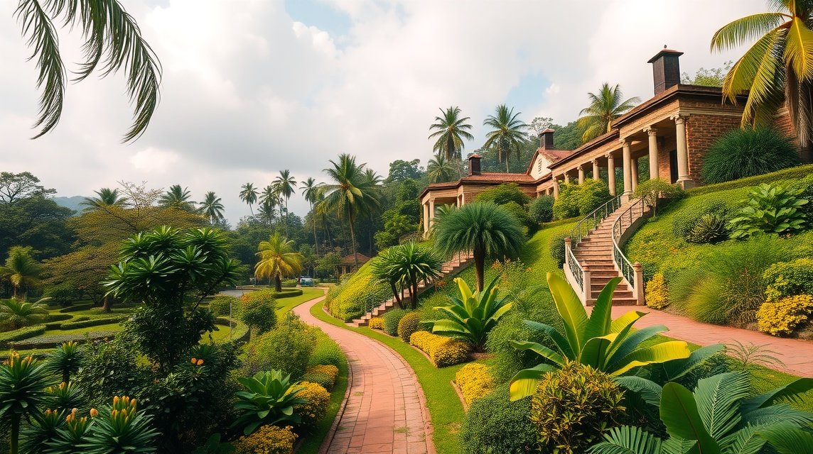 A Limbé Botanikus Kert gyönyörű tája pálmákkal és virágzó növényekkel.