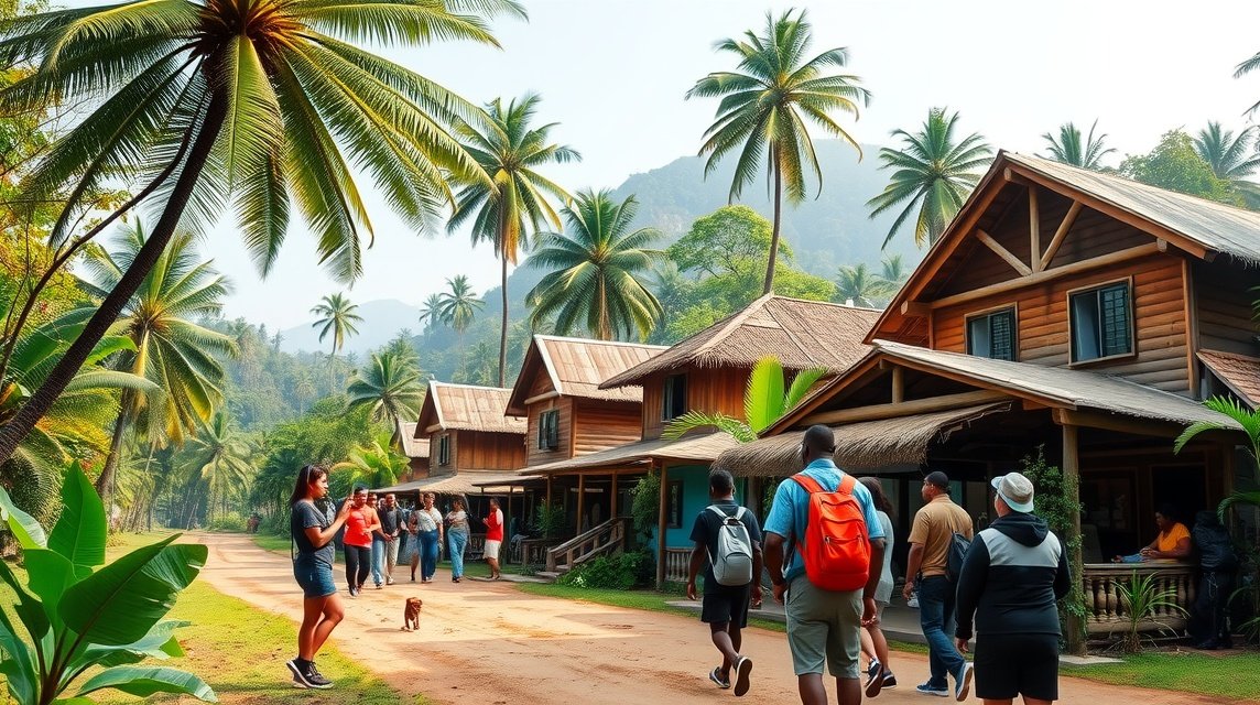 Séta a Jungle Village negyedben, pálmafák és helyi lakosok társaságában.