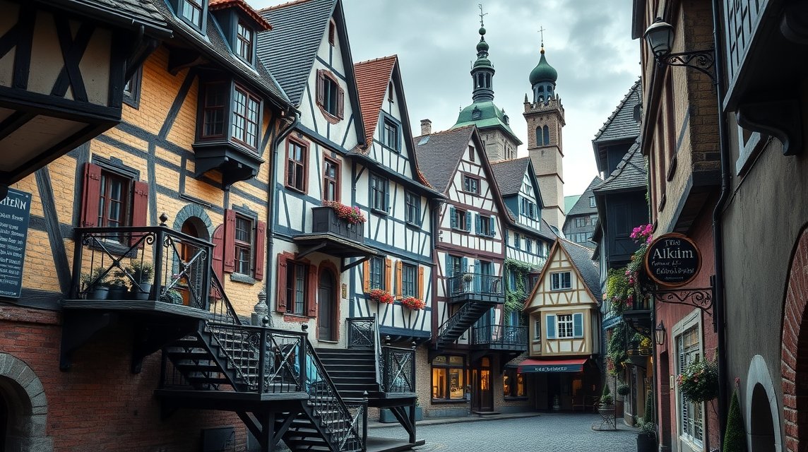 Mesebeli sikátorok és lépcsők Marburg városában, Németországban