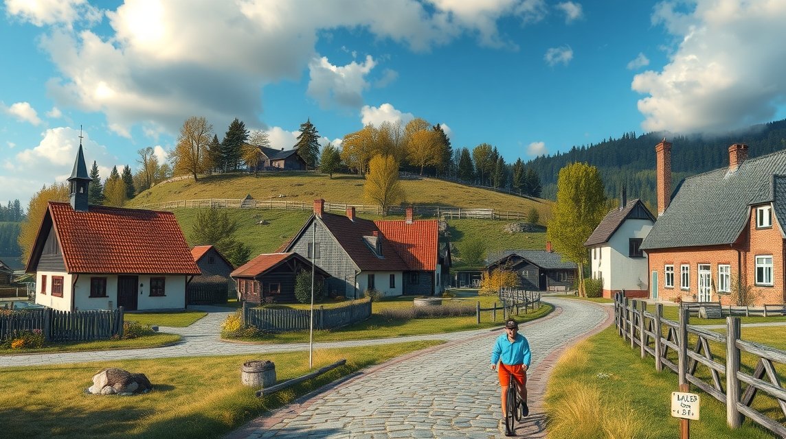 Møgeltønder festői utcái kerékpározó magánszeméllyel