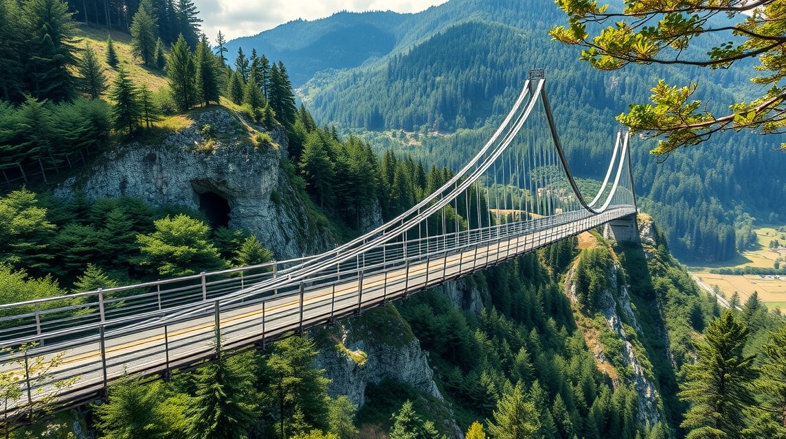 Mörsdorf függőhíd a Hunsrück-hegységben, lenyűgöző kilátással