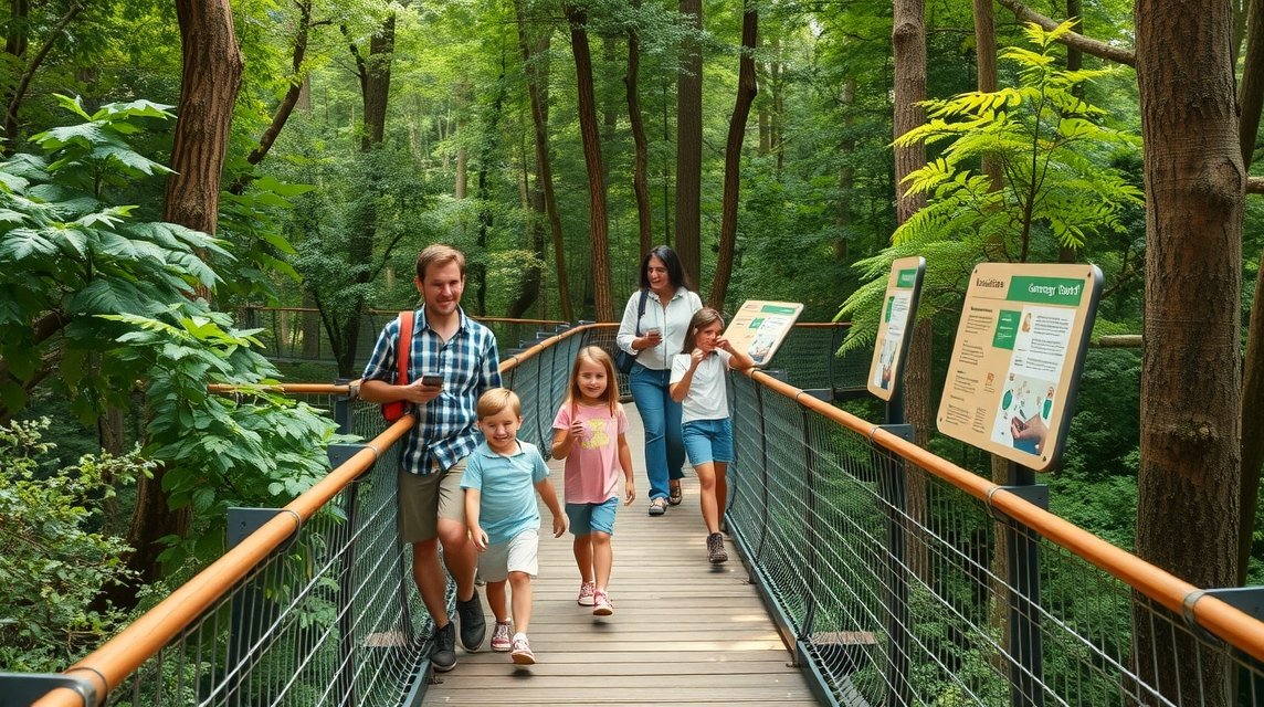 Családi séta lombkorona sétányon interaktív tanösvény közben Németországban.