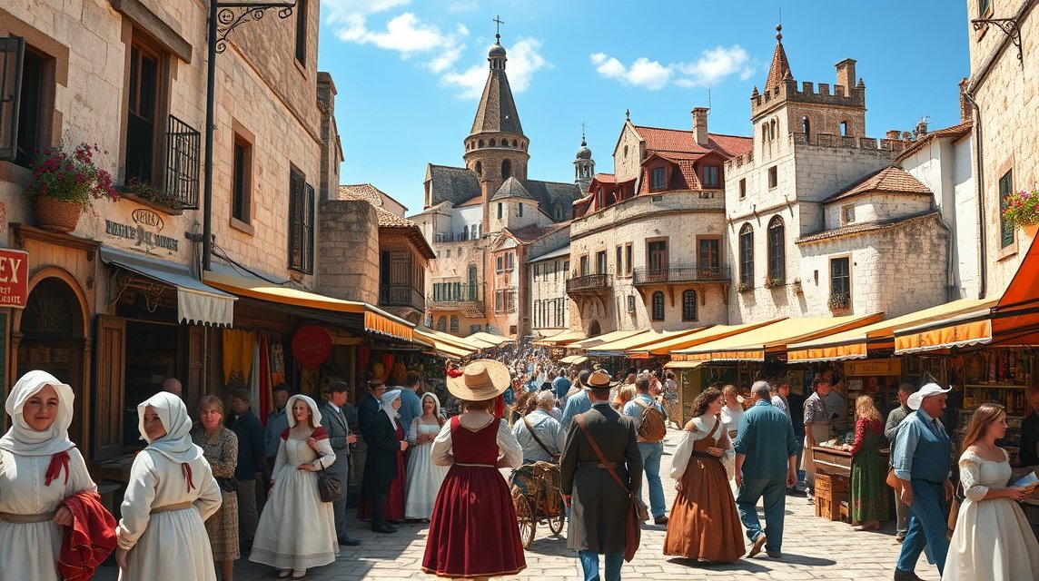 Középkori piac Óbidosban, helyi ízek és kézművesek.