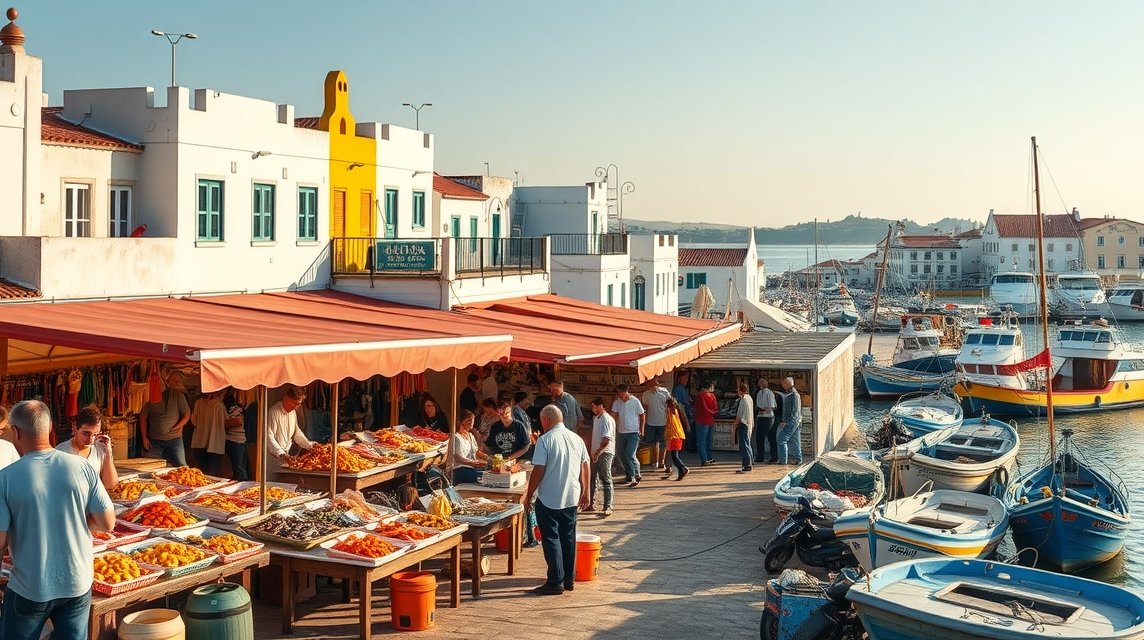 Olhão halpiaca tenger gyümölcseivel és színes csónakokkal