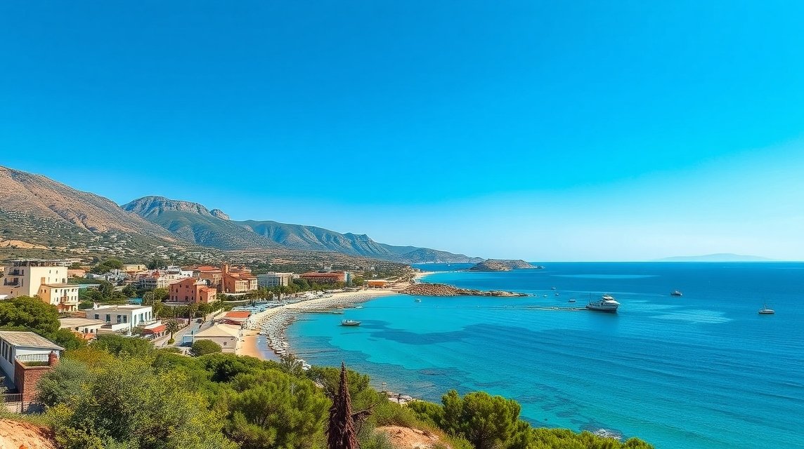 Paleochora gyönyörű tengerpart és hegyek Krétán a Líbiai-tenger mellett.