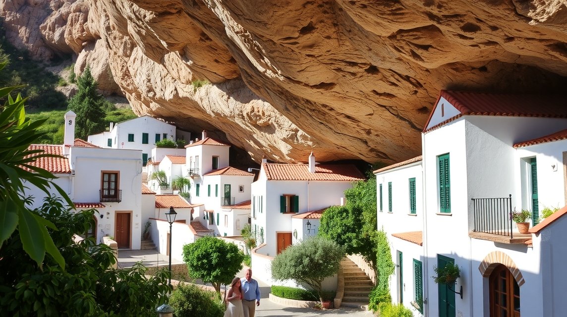 Házak Setenil de las Bodegas hatalmas sziklák alatt Spanyolországban