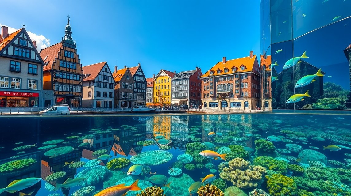 Stralsund város látképe az Ozeaneummal és a Balti-tenger víz alatti világával.