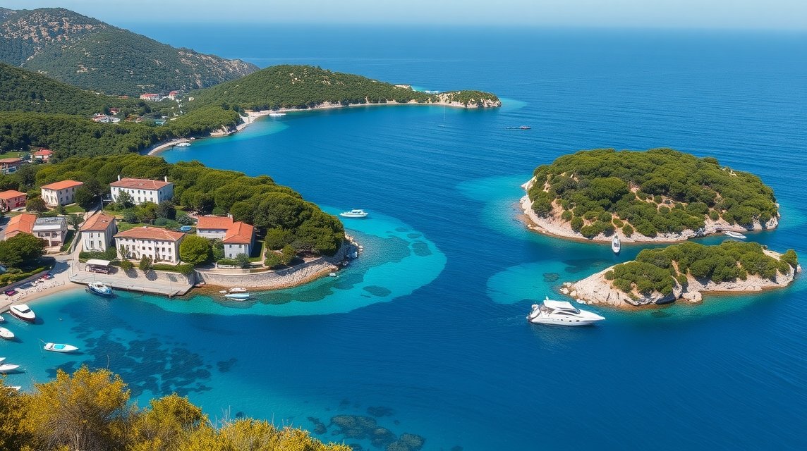 Gyönyörű tengerpart és szigetek Syvotához közel Epiruszban.