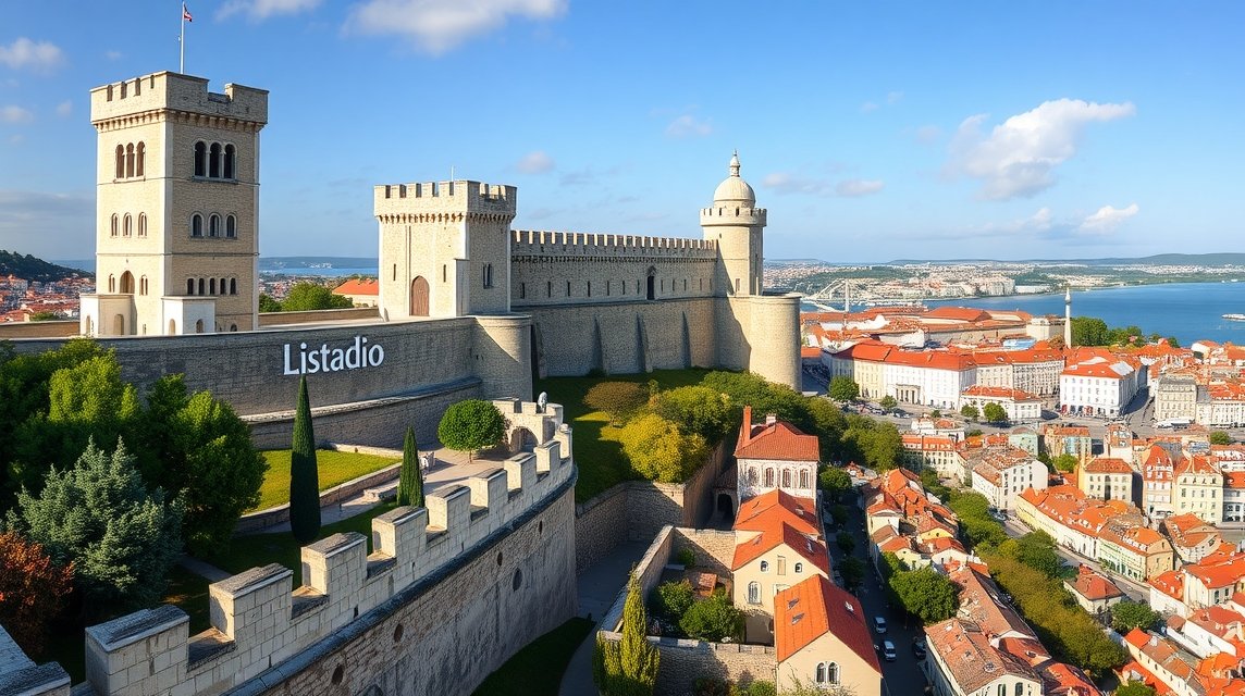 Szent György vára panorámája Lisszabonban, Portugáliában.
