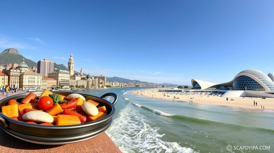 Hagyományos paella a Valencia tengerpartján, modern épületek háttérben.