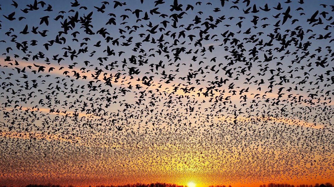 Seregélyek tánca a naplementében Møgeltønderben