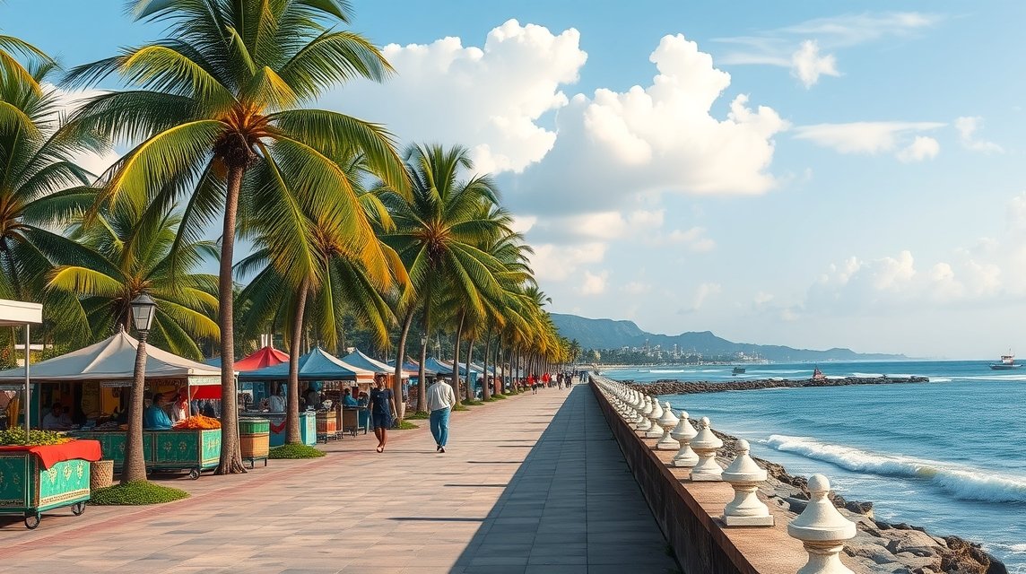 Limbé tengerparti sétány pálmafákkal és piaccal Kamerunban