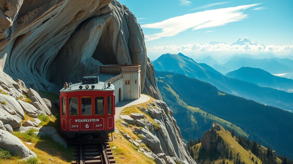 Fogaskerekű a Wendelstein csúcsán, lenyűgöző alpesi panorámával.
