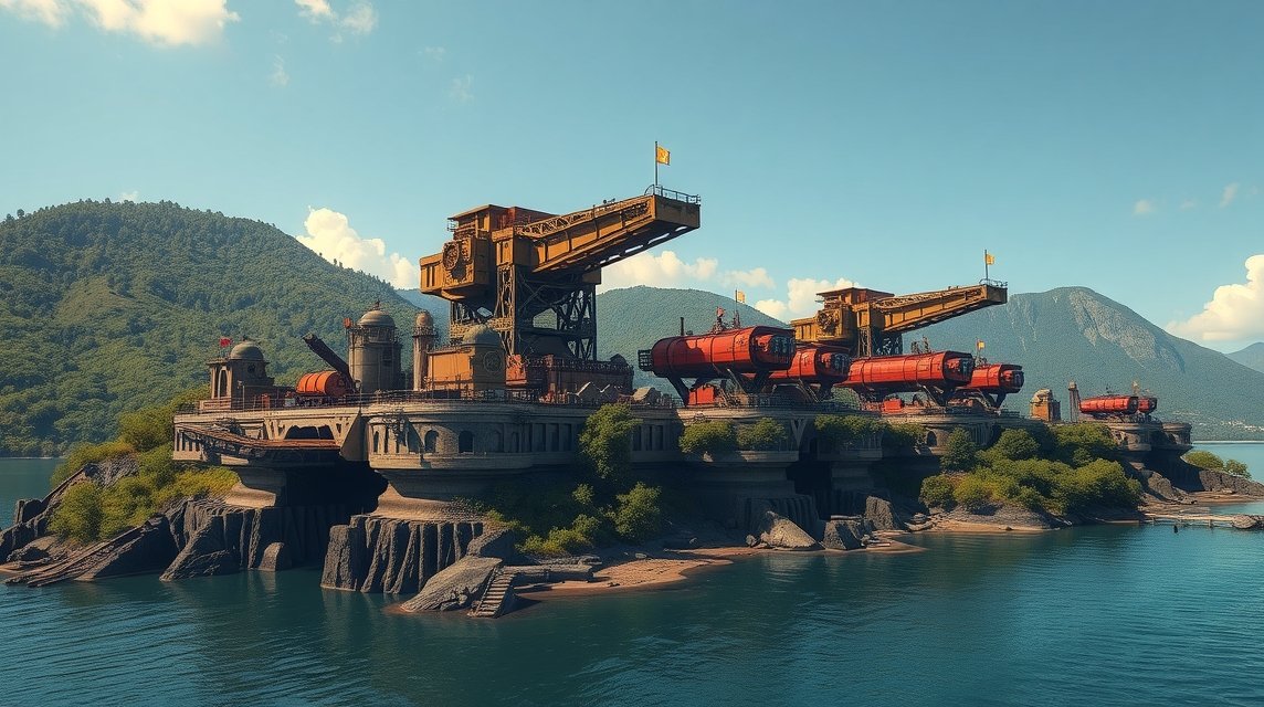 Ferropolis óriásbányagépei a vízparton, ipari tájban.