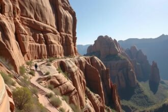 Túrázó felfedezi az Angels Landing csodás táját a Zion kanyonban.