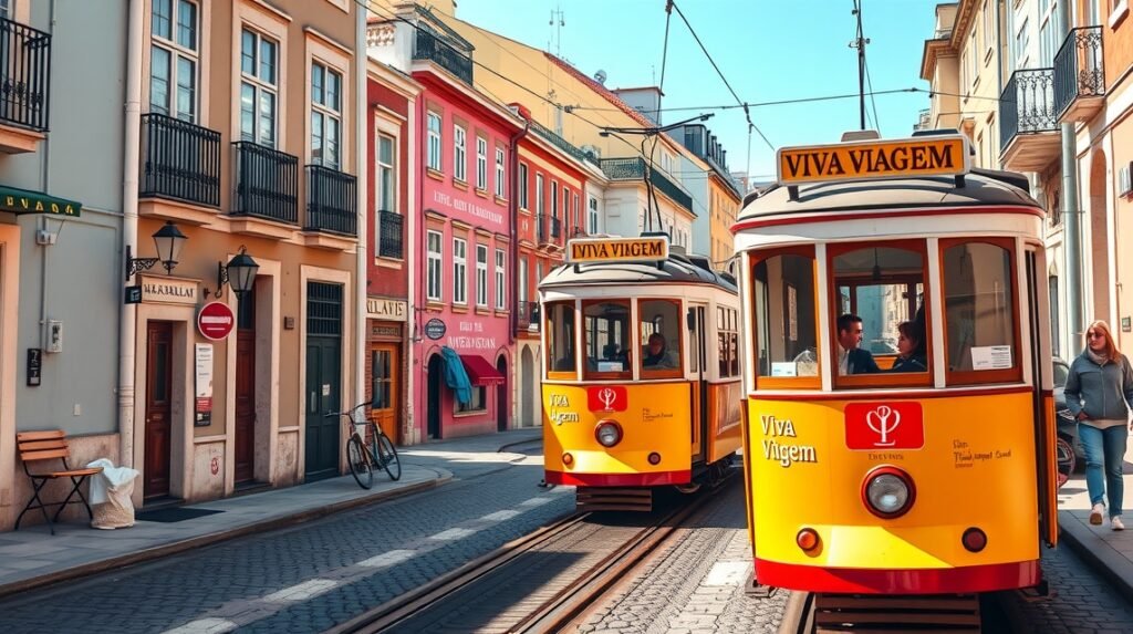 Viva Viagem kártyás siklók Lisszabonban, élénk utcai környezetben.