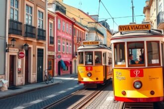 Viva Viagem kártyás siklók Lisszabonban, élénk utcai környezetben.