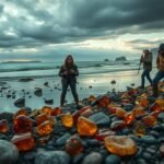 Borbostyánvadászat a tengerparton: gyűjtők a hullámok között.