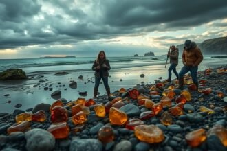 Borbostyánvadászat a tengerparton: gyűjtők a hullámok között.