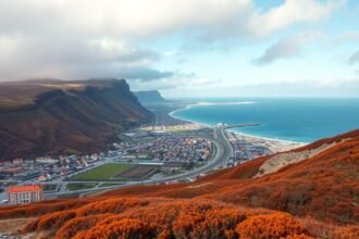 Brovst tengerparti látkép és hegyek Dánia szívében