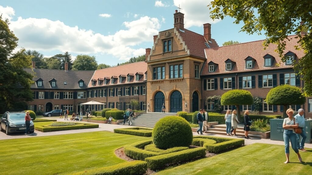 A Kalundborg Múzeum épülete a Lindegårdenben, látogatók a kertben.