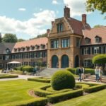 A Kalundborg Múzeum épülete a Lindegårdenben, látogatók a kertben.