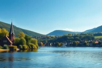 Kép a kalundbori Loch Ness tó partjáról, templom és dombok előtt.