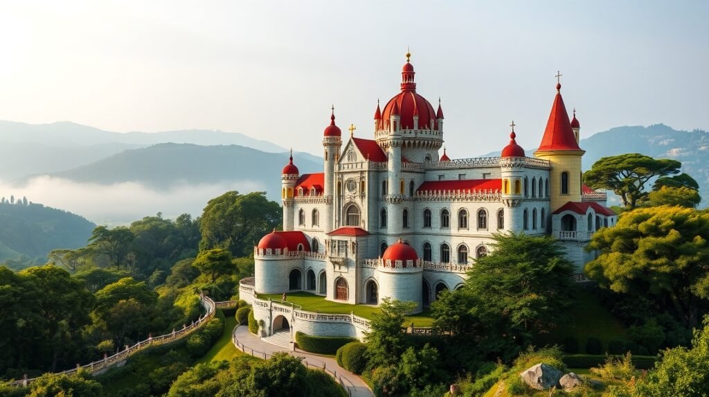 A csodás Pena-palota Sintrában, Lisszabon közelében, gyönyörű tájjal