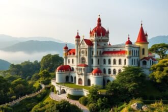 A csodás Pena-palota Sintrában, Lisszabon közelében, gyönyörű tájjal