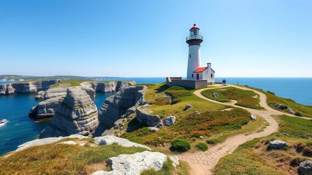 Røsnæs világítótorony Kalundborg közelében, sziklás partokkal