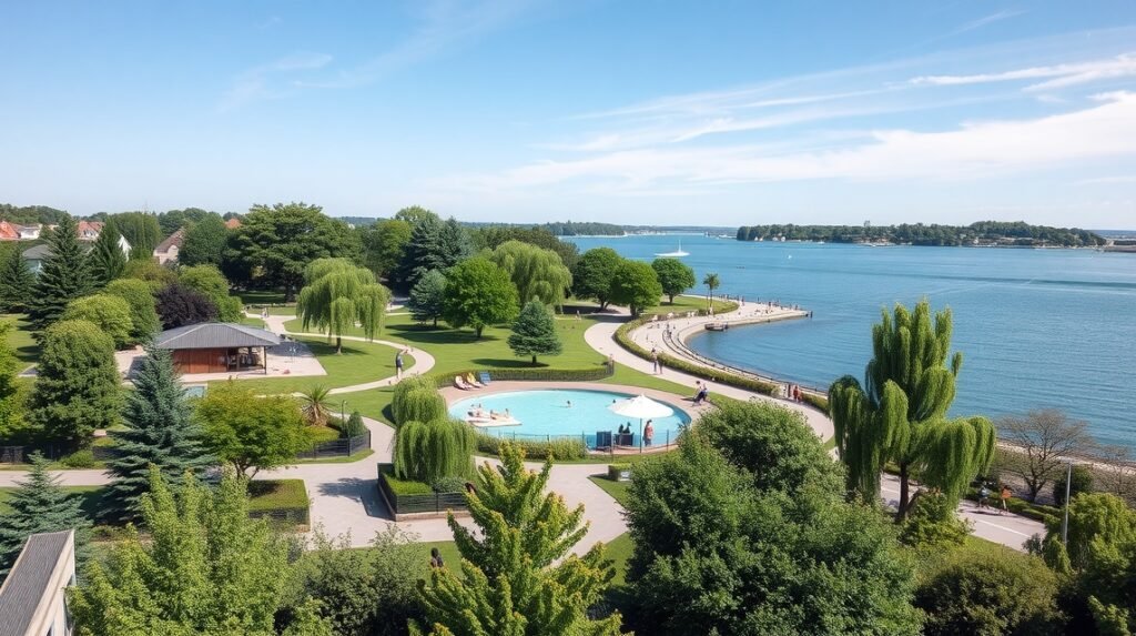Havneparken kikötői park Kalundborgban, gyönyörű zöld felülettel és vízparti sétánnyal.