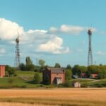 Kalundborg rádiótornyai a szép vidéken, a tengerpart mellett.