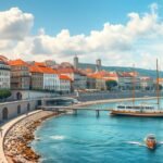 Lisszabon gyönyörű tengerparti városképe és kikötője.