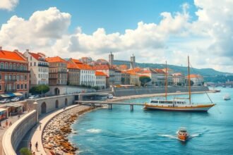 Lisszabon gyönyörű tengerparti városképe és kikötője.