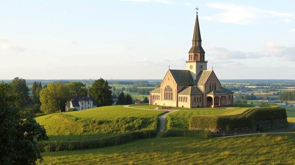 Raklev templom a dombon Kalundborgban, árnyékos rét mögött