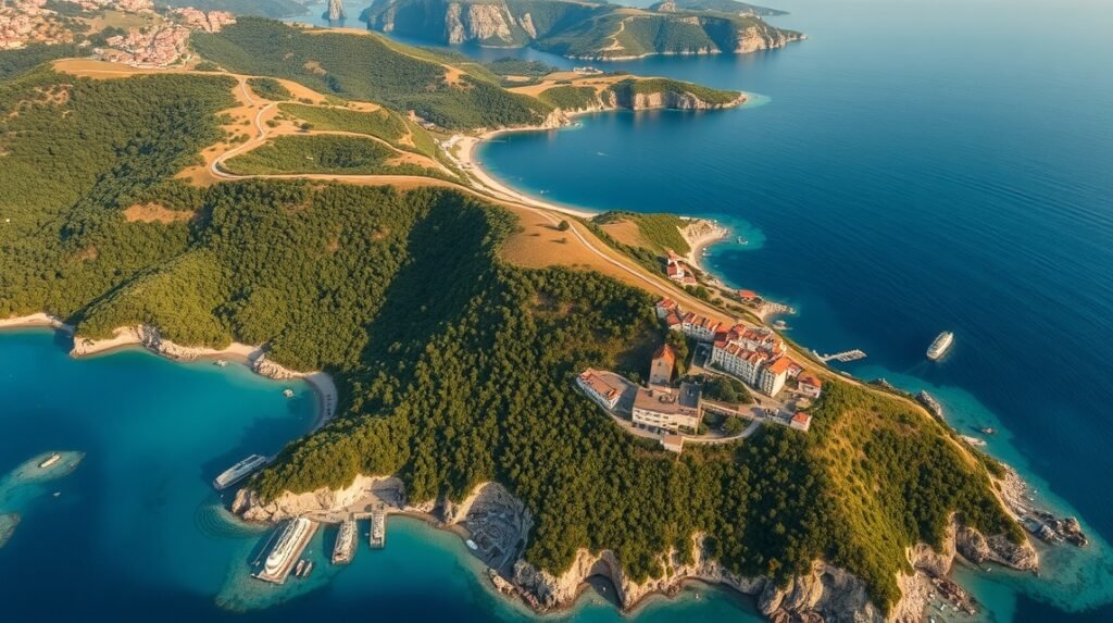 Aeraily view of Vis island showcasing beaches and military tunnels
