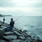 Horgászok a Kalundborg partján, tengeri horgászat sziklák között.