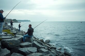 Horgászok a Kalundborg partján, tengeri horgászat sziklák között.