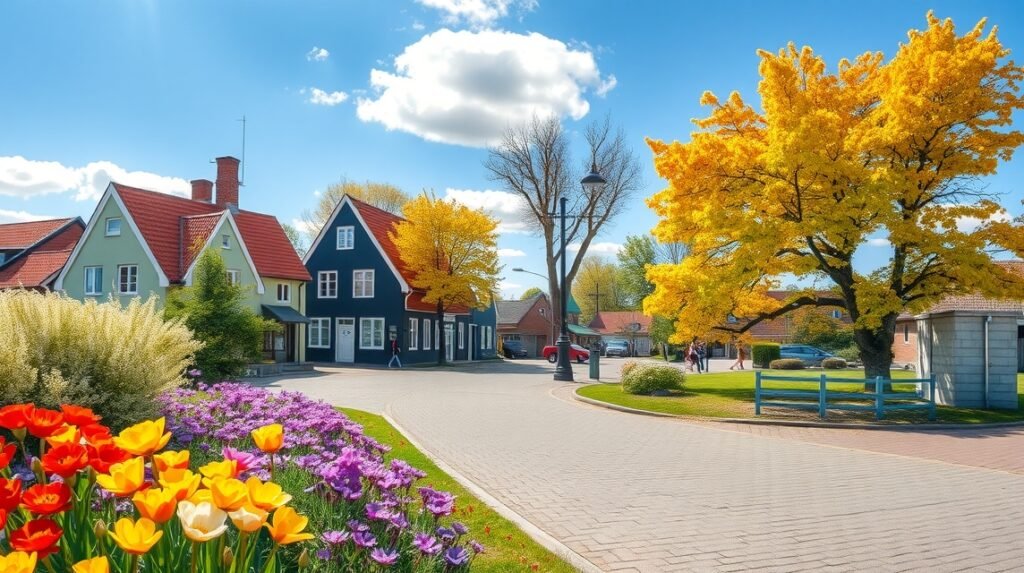 Kalundborg városképe virágokkal és színes házakkal