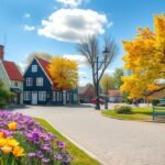 Kalundborg városképe virágokkal és színes házakkal