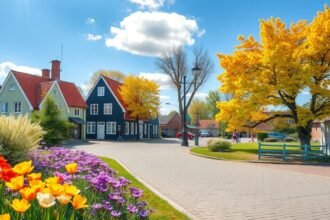 Kalundborg városképe virágokkal és színes házakkal